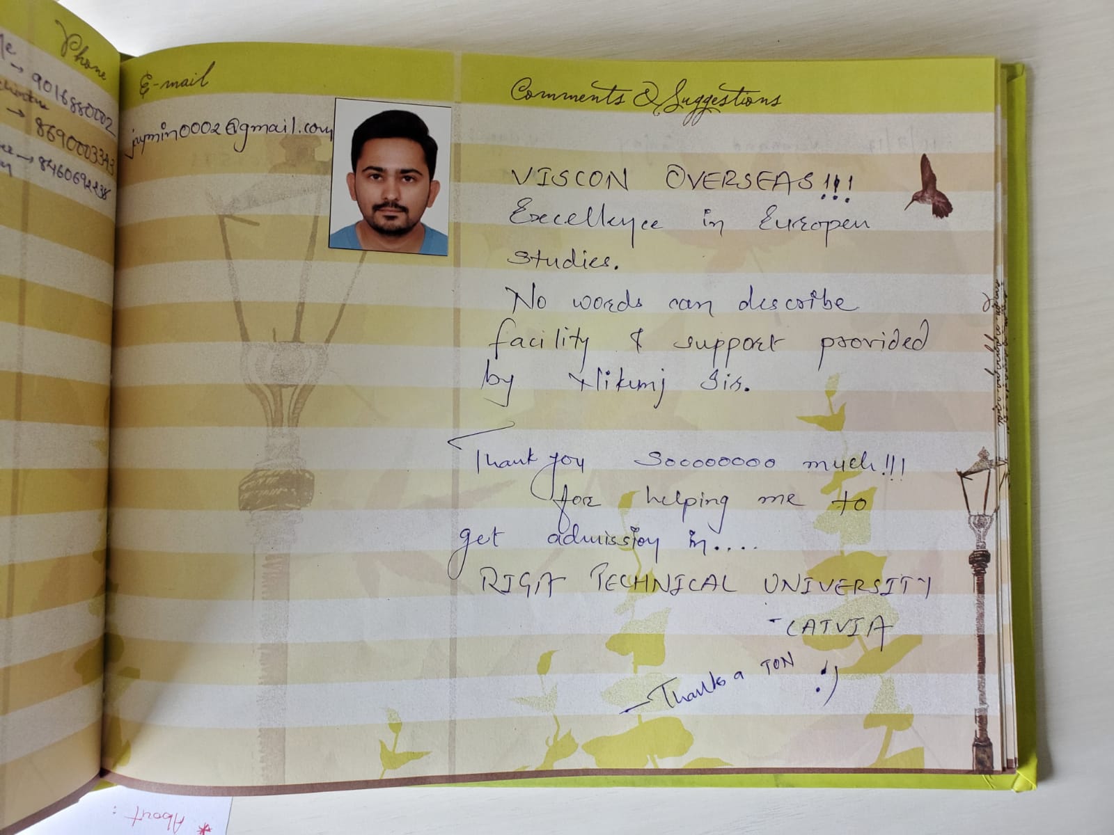 Handwritten testimonial — VISCON OVERSEAS! Thank you sooooo much for helping me get admission in Riga Technical University, Latvia